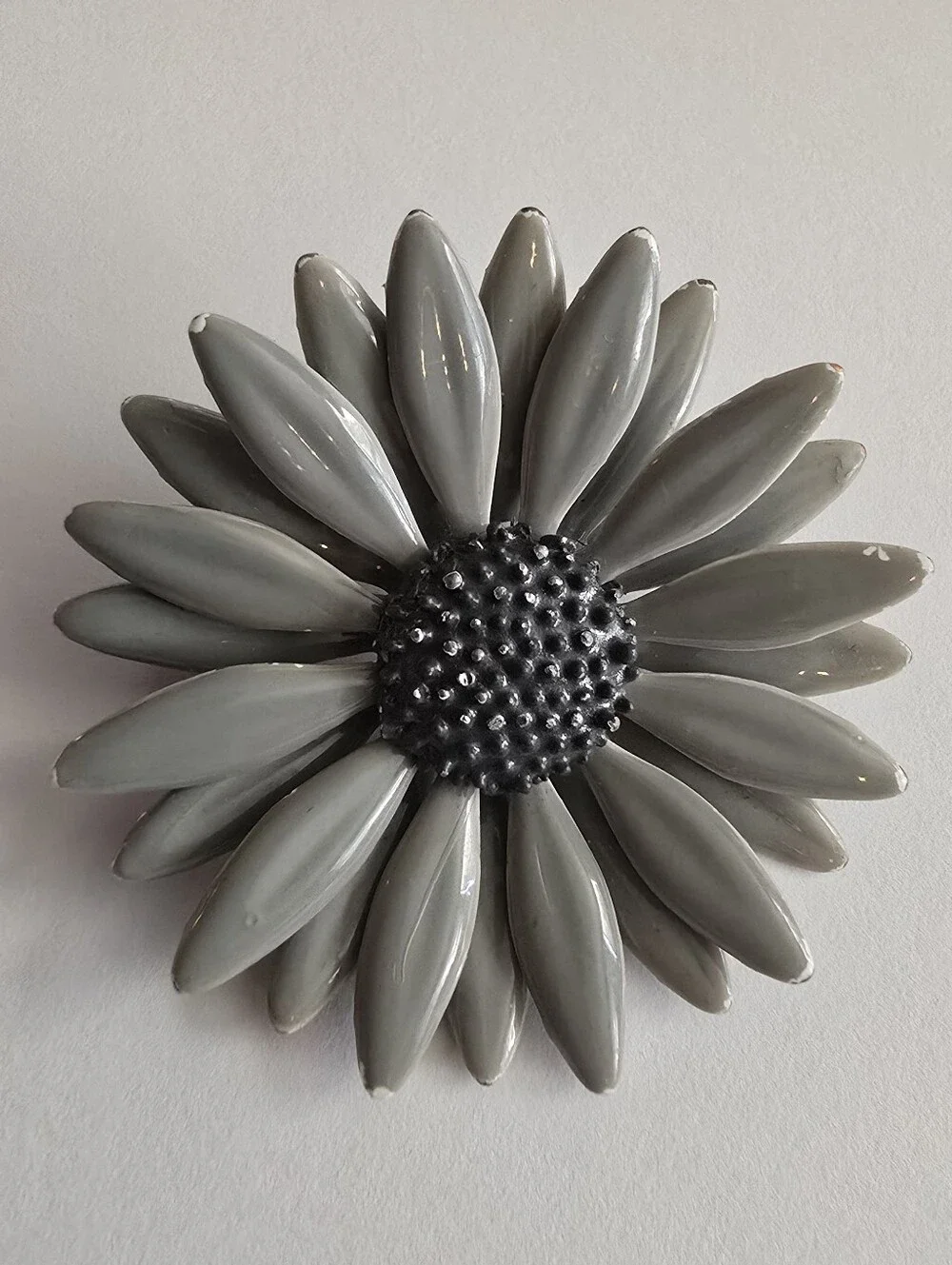 Vintage flower brooch tone floral pin enamel grey gray